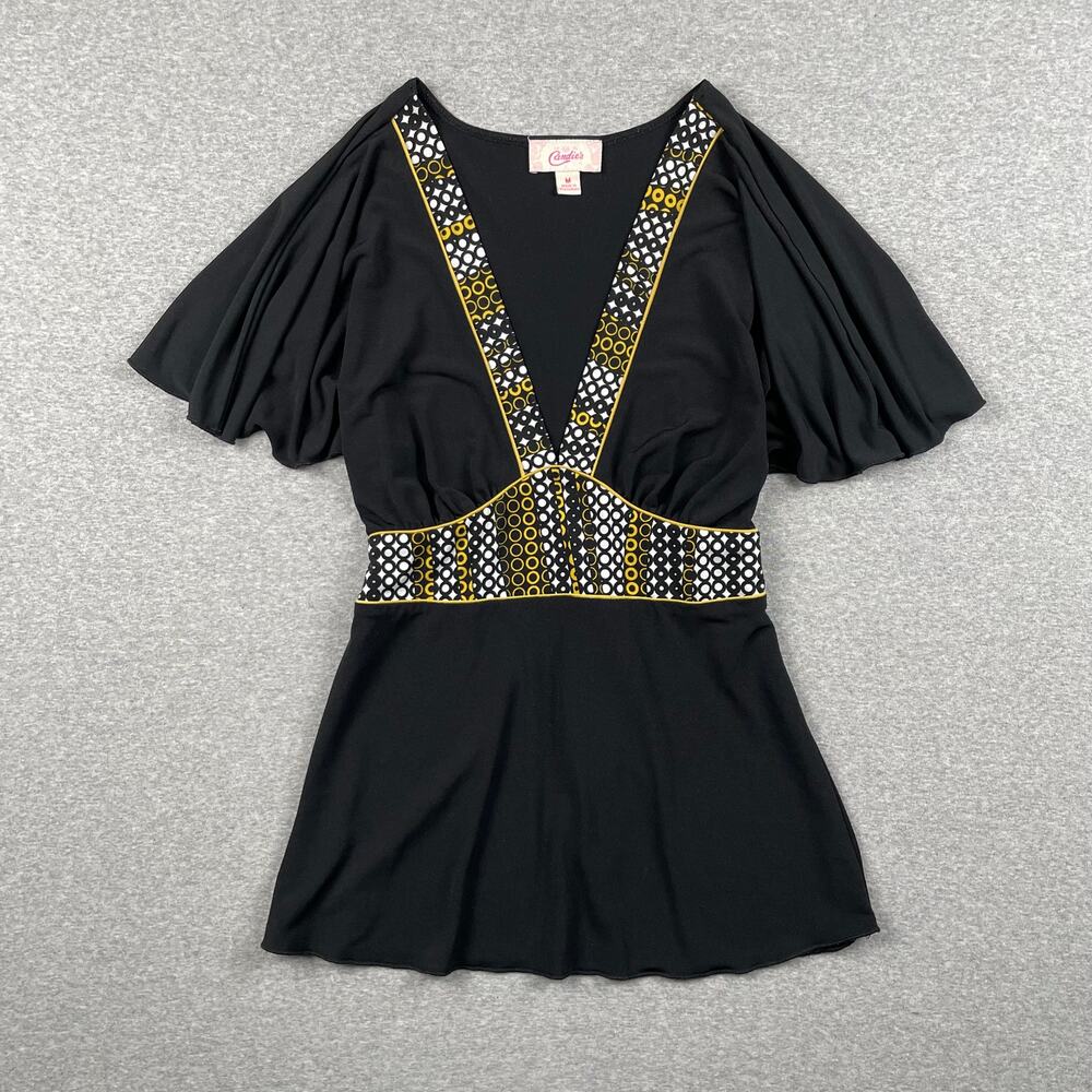 y2k Candies Babydoll Top Womens M Black Yellow Tie Waist V-Neck Flutter Sleeve